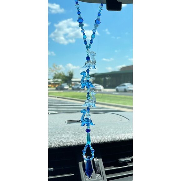 Dinosaur Beaded Suncatcher Rearview Mirror Ornament Blue Crystal Prism Car Charm - Picture 4 of 10